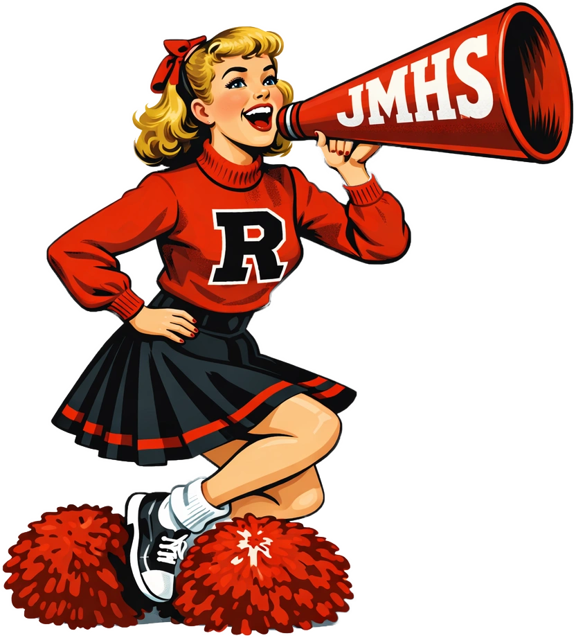 Cheerleader in red and black with megaphone promoting Rochester JMHS Class of 1976