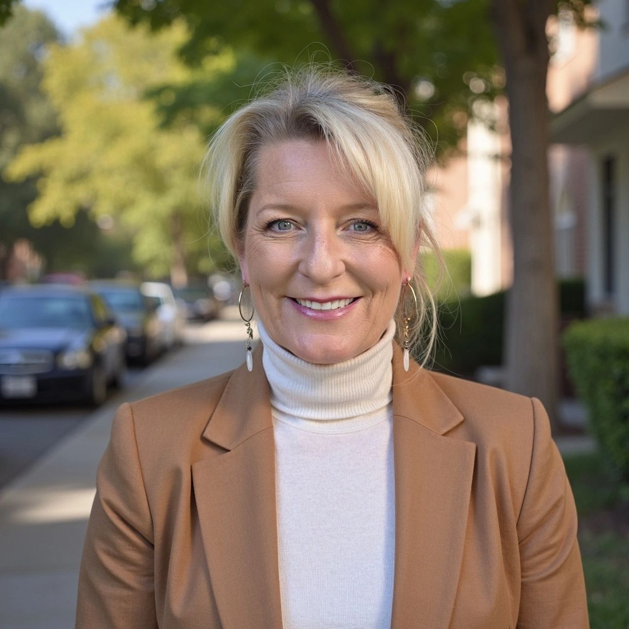 Smiling woman outdoors in a brown blazer and white turtleneck.