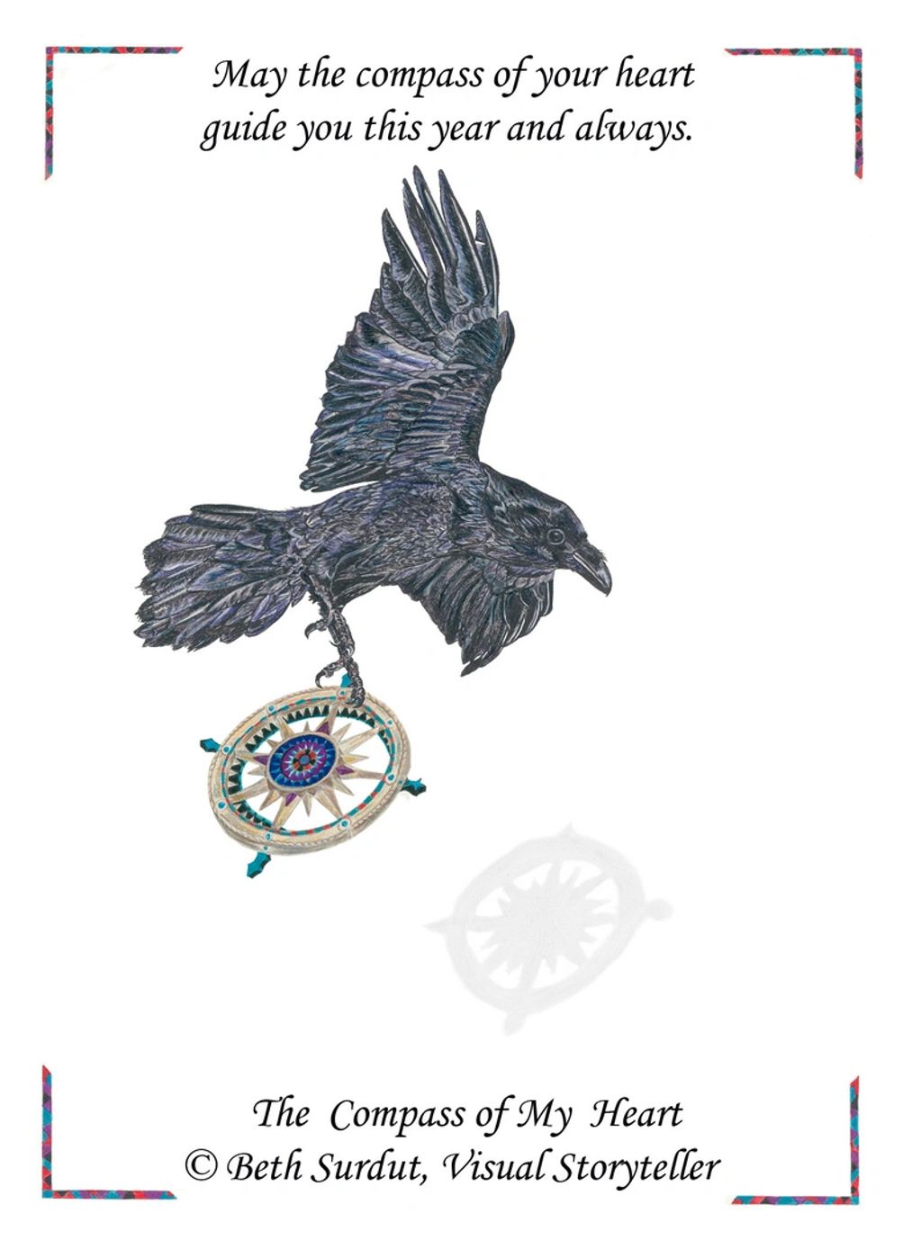 Flying raven carrying a compass drawing by Beth Surdut, Visual Storyteller