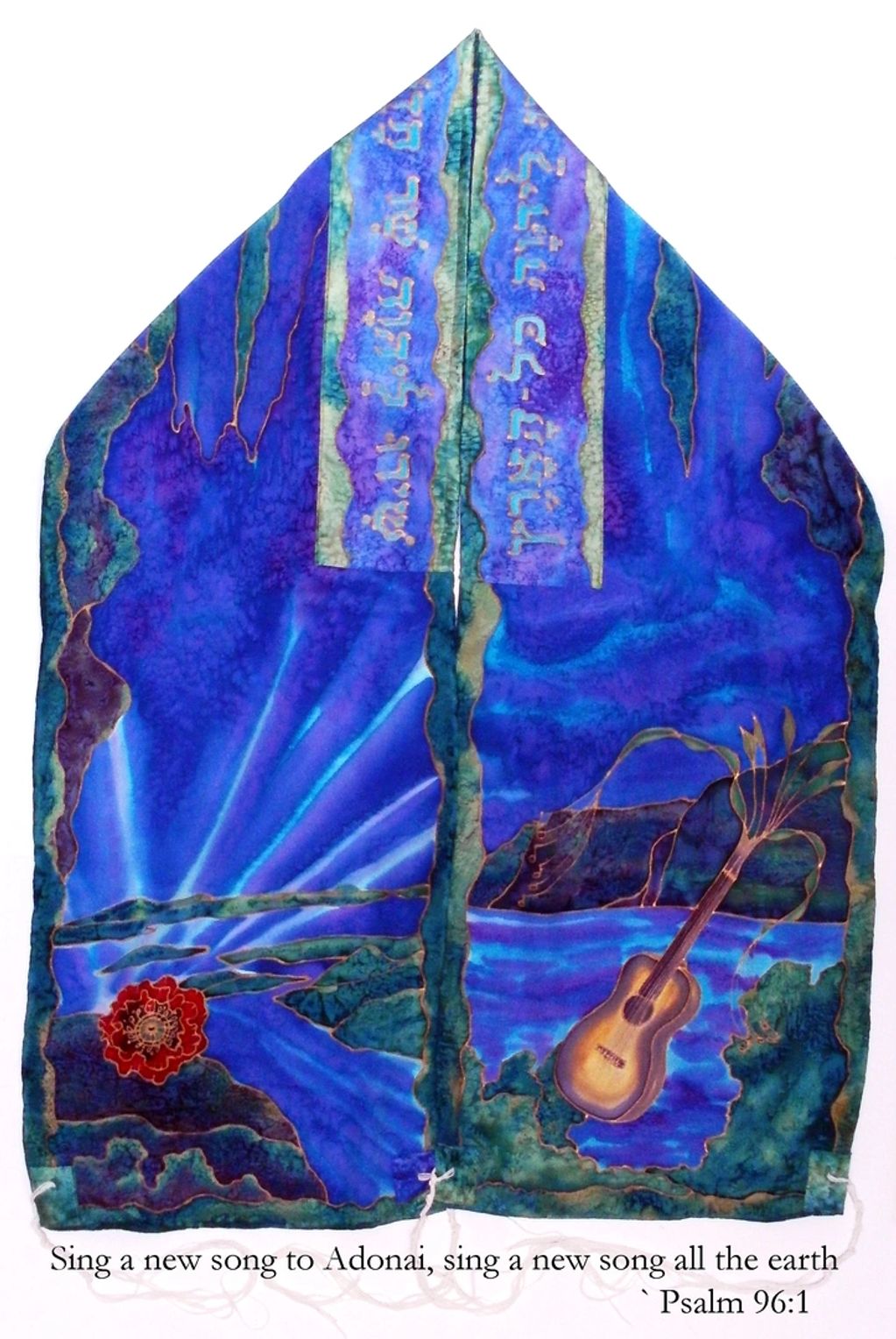 Hudson River Valley  scene painted on a Hebrew prayer shawl for a musical Bat Mitzvah girl. Guitar n