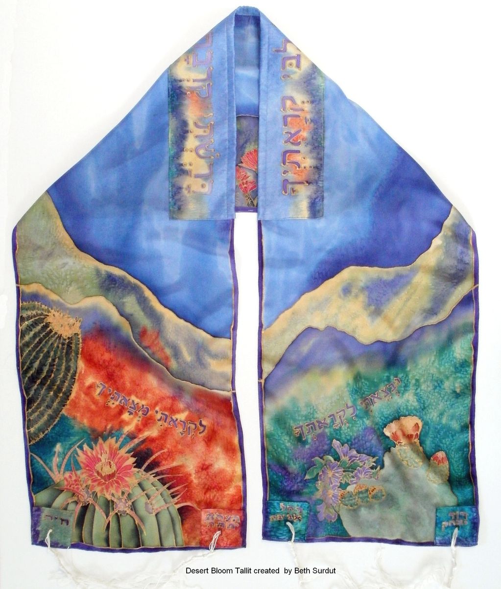 painited silk prayer shawl with blooming barrel cactus, blue sky, purple and pale yellow mountains