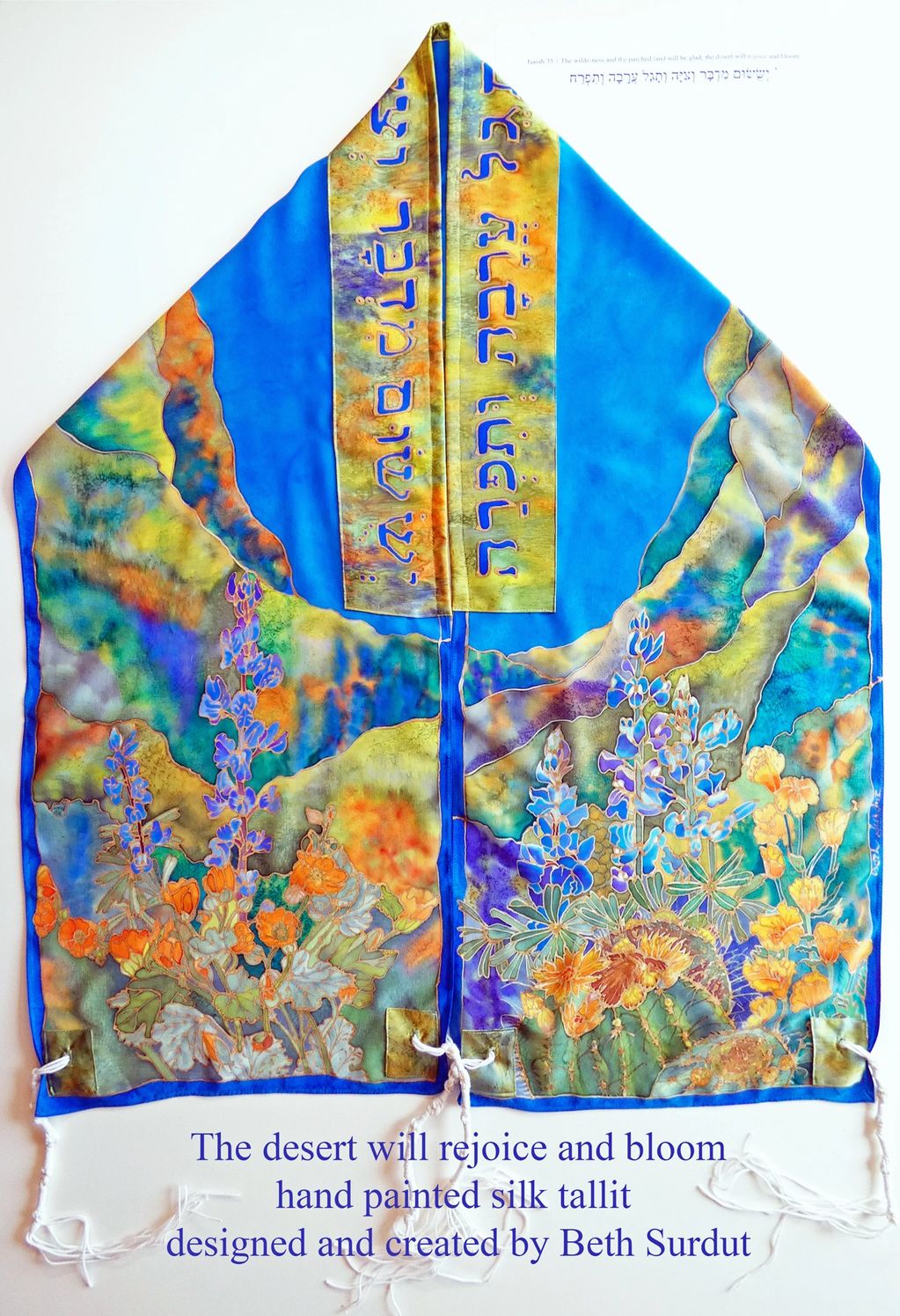 desert superbloom prayer shawl tallis with purple lupines and golden poppies painted on silk