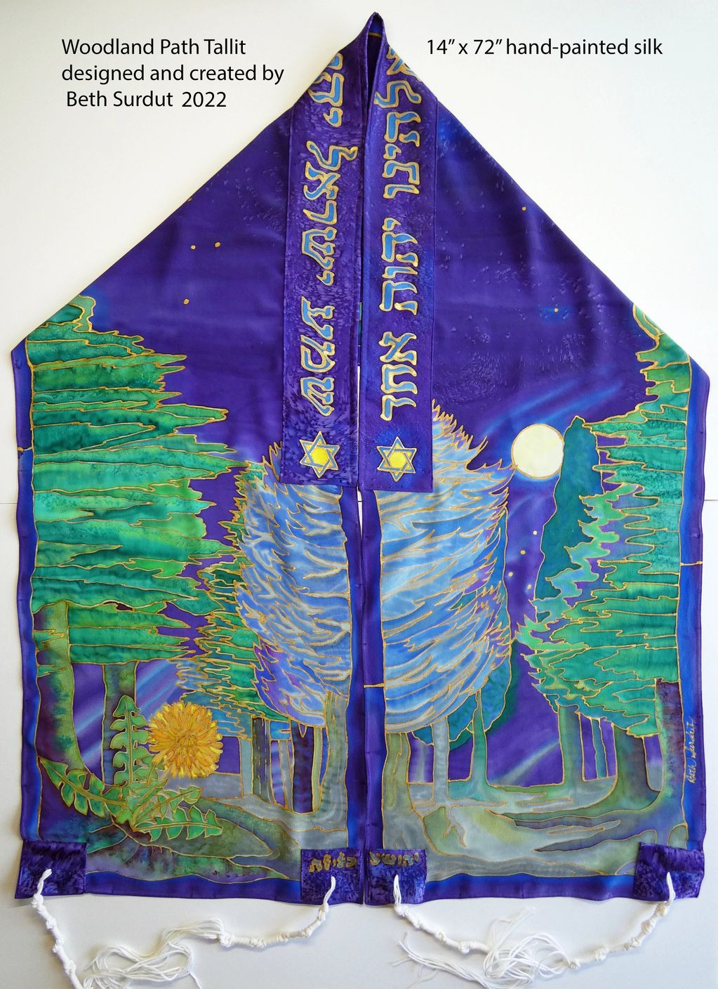 Druid's path prayer shawl with yellow dandelion, green pines, and full moon