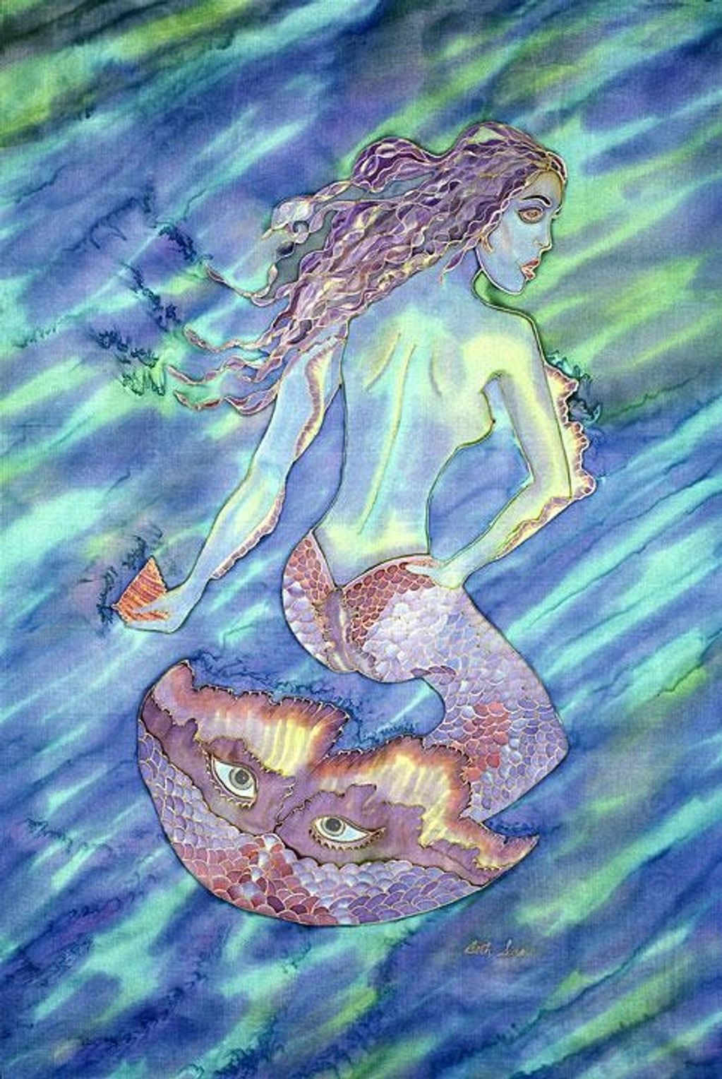 mermaid with eyes on her tail silk painting by Beth Surdut