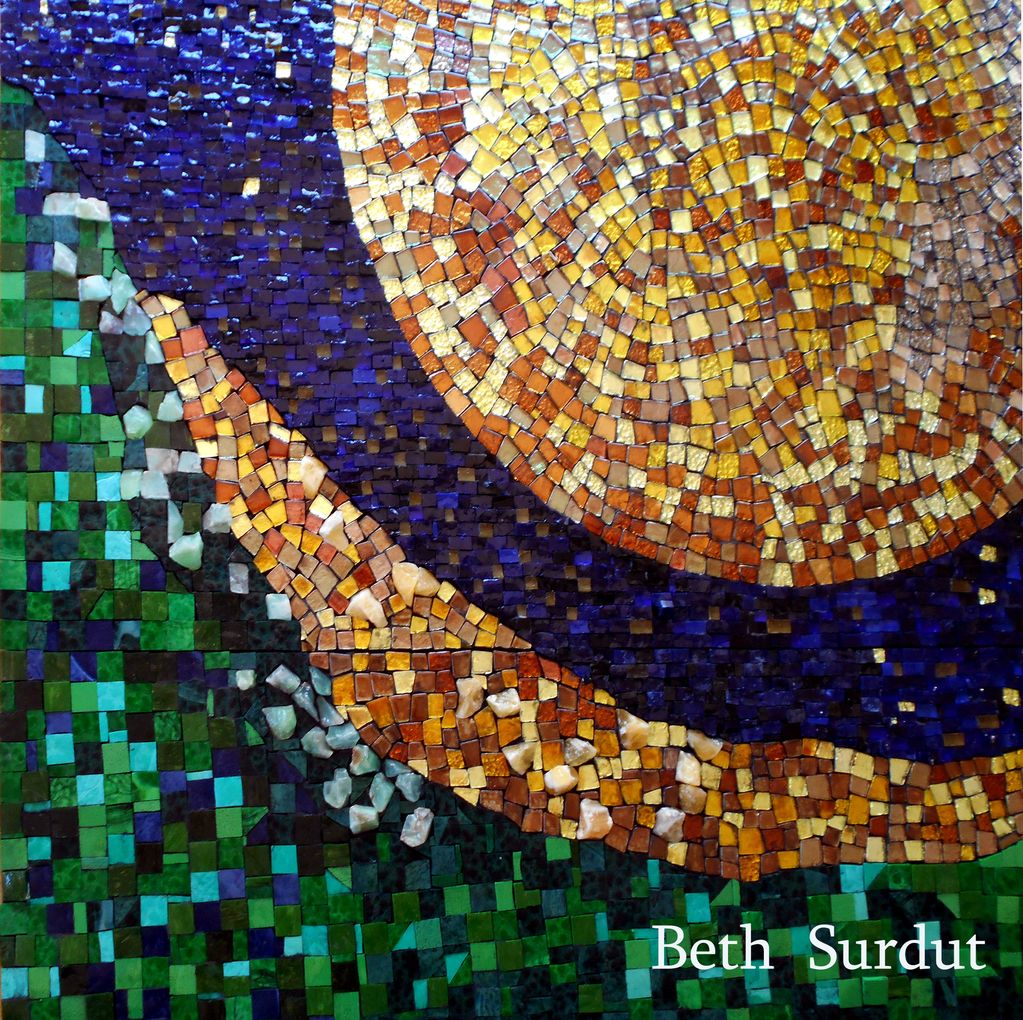 Mosaic moon detail-- moon glass is backed with copper, silver, and gold. The sky is primarily rectan