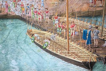 Museum für Antike Schifffahrt: modernes Wandbild des Hafens von Mogontiacums