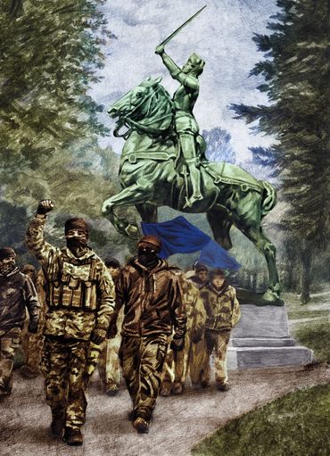 Full page illustraton for "Preparing For Battle" article by Nora Loreto. The Walrus May 2026 issue.