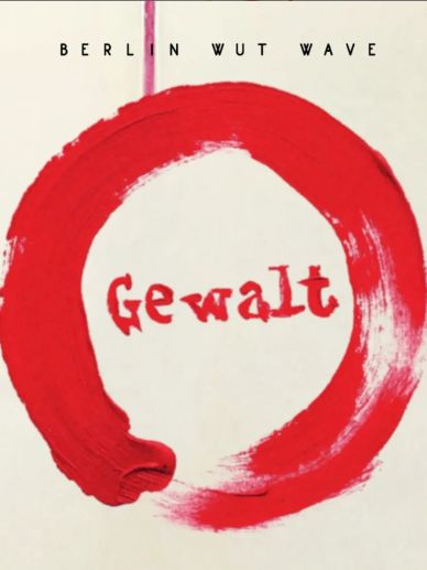 Red circular brushstroke with the word 'Gewalt' in the center.
