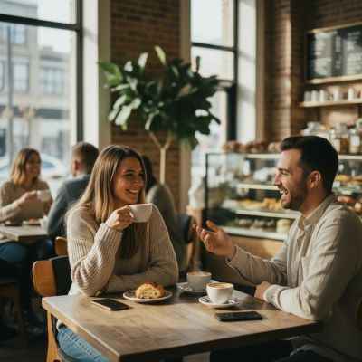 Couple enjoying coffee and conversation in a cozy cafe.