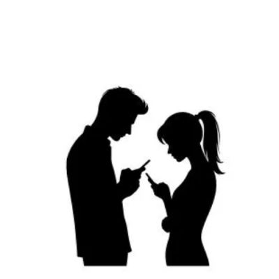 Silhouettes of a man and woman engrossed in their smartphones.