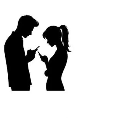 Silhouettes of a man and woman engrossed in their phones.
