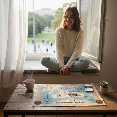 Young woman sitting on a windowsill with a travel map and coffee on the table.