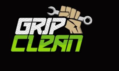 Logo with a fist holding a wrench and text 'Grip Clean' in white and green on black.