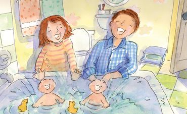 babies, bathtime, twins, splashing, rubber ducks, parents, parenting, parents of twins, humorous, fu