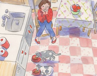 watercolor illustration, kitchen, pet owners, pets, cats, feeding, charicature, love, whimsy, childr