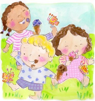 children, butterflies. whimsical, fun, ice cream cones, bare feet, childrens stories, reading, outdo