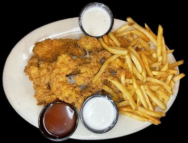 SANTISI BROTHERS famous chicken tenders with French Fries.