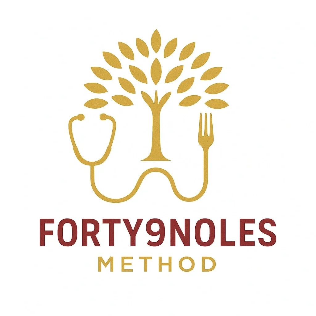 Logo showing a tree with a stethoscope and fork, labeled Forty9Noles Method.