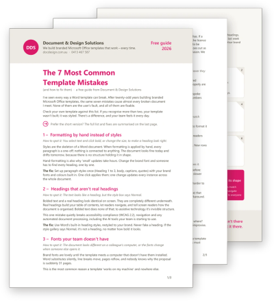 The three pages of the free guide, The 7 Most Common Template Mistakes, showing how to spot and fix