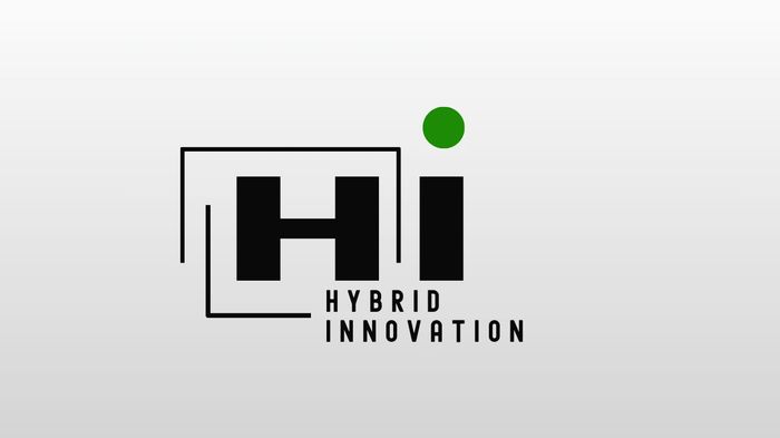 Logo for Hybrid Innovation with stylized 'Hi' and green dot.
