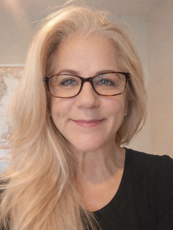 Smiling woman with glasses and long blonde hair.