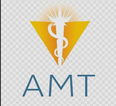 AMT logo with a caduceus symbol inside a golden triangle.