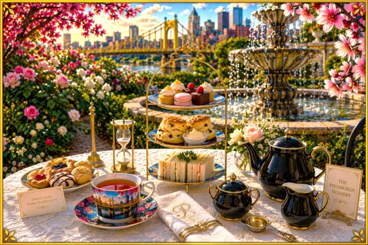 Elegant tea setup with desserts by a fountain and city skyline.