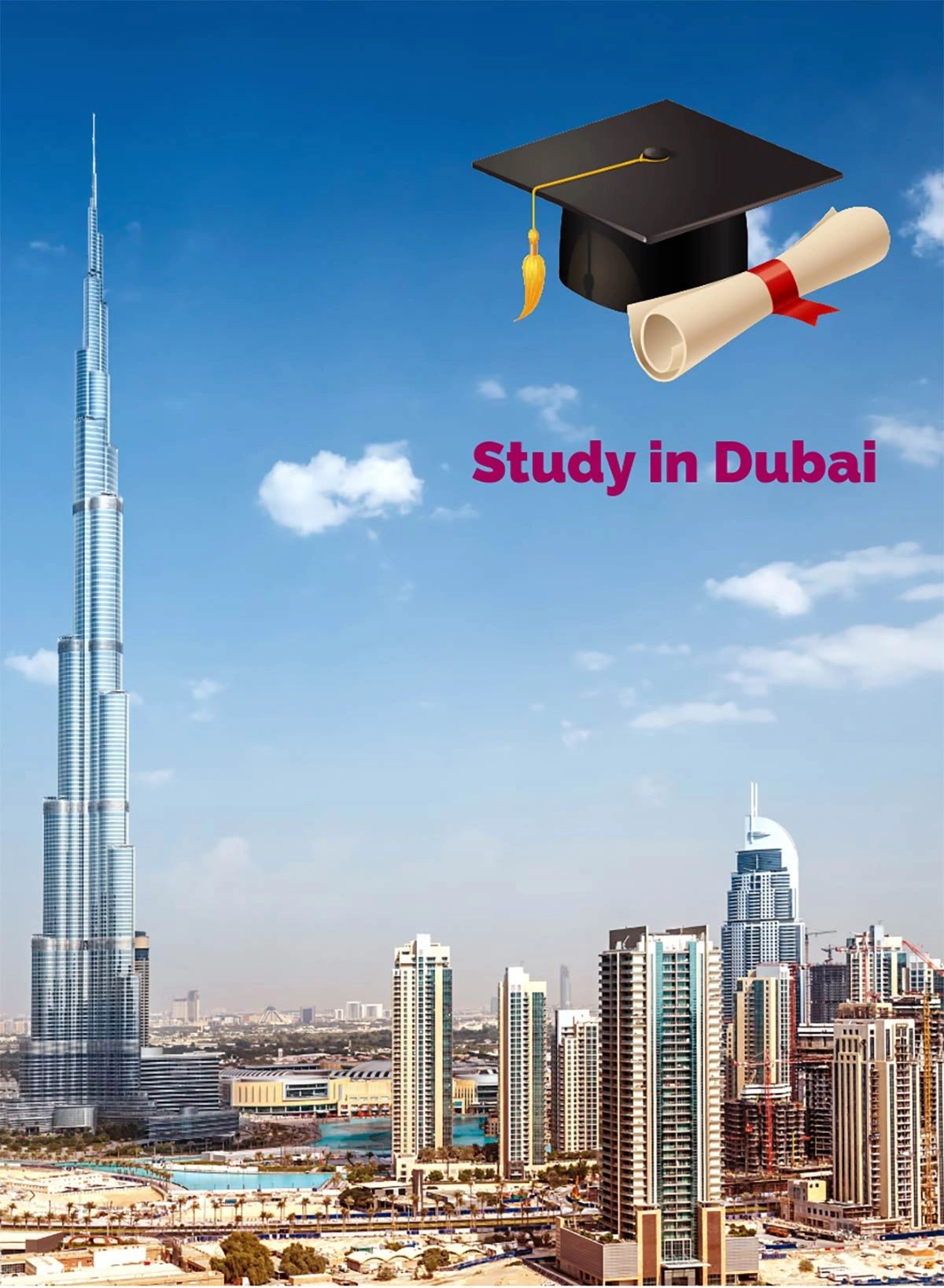 Burj Khalifa skyline with graduation cap symbolizing study opportunities in Dubai and the UAE