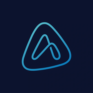 Blue abstract triangular logo on a dark background.