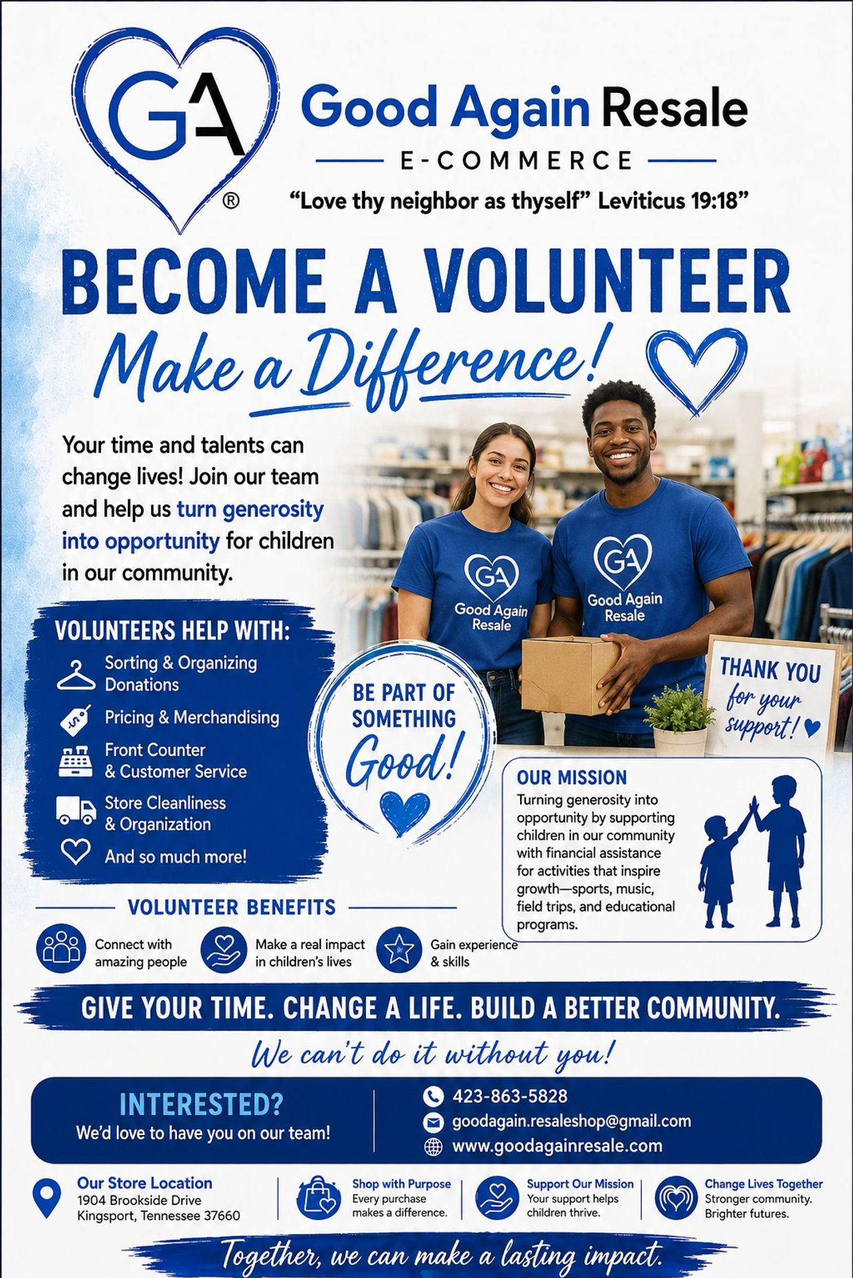 Good Again Resale volunteer recruitment flyer.