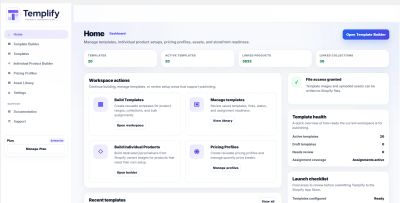 Dashboard of Templify product personalizer with various template management options.