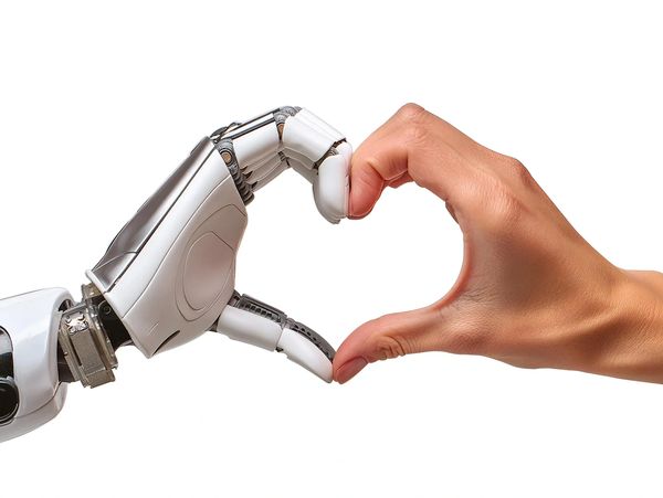 Human and robot hands forming a heart shape together.