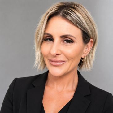 Confident woman with short blonde hair wearing a black blazer.