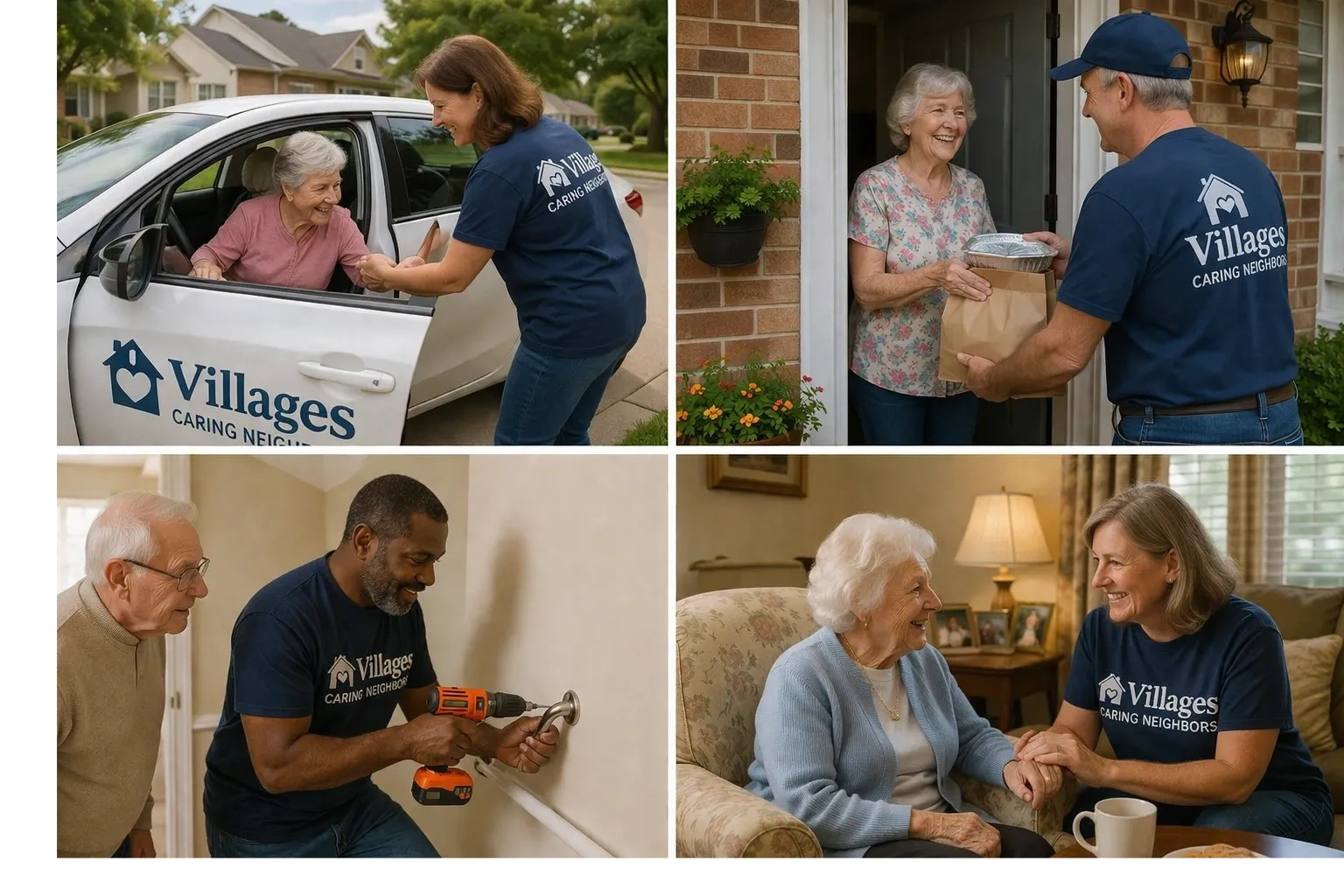 Volunteers from Villages Caring Neighbors helping elderly with rides, meals, home repairs, and companionship.