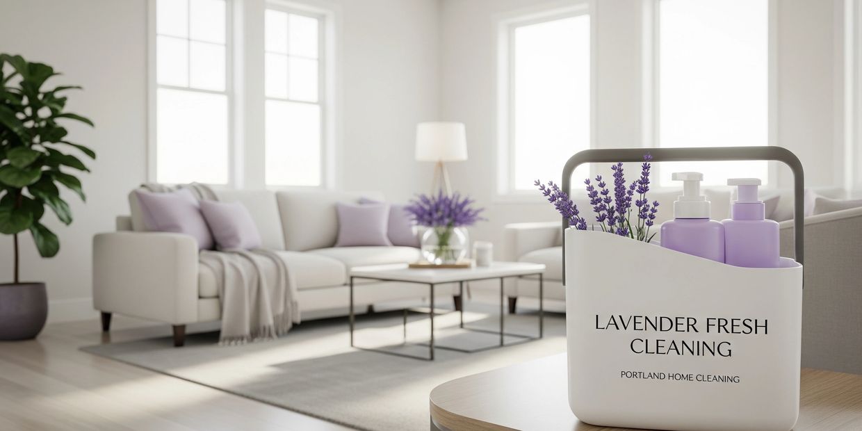 Bright Portland living room with white sofa, lavender pillows, and eco-friendly cleaning caddy label