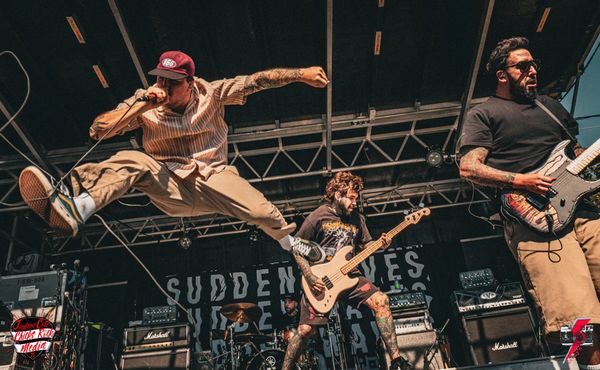 A dynamic band performs energetically on stage during a live concert.