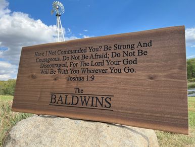 Beautiful Walnut CNC Routed Bible Verse Sign with Personalized family name.  Engraved Wood Sign