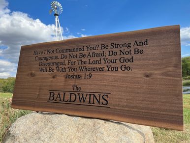 Beautiful Hardwood Walnut Sign with Custom CNC Routed Engraving.  Back Painted with Black Paint.