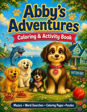 Cover of Abby's Adventures Coloring & Activity Book with cute animals.