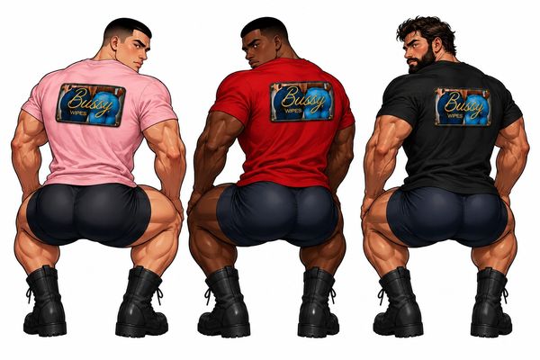 Three muscular men in colorful shirts and shorts posing with their backs turned.