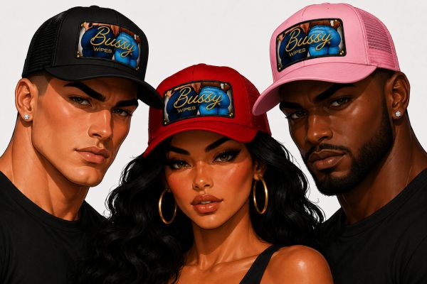 Three diverse models wearing colorful trucker hats with "Bussy Wipes" logo.