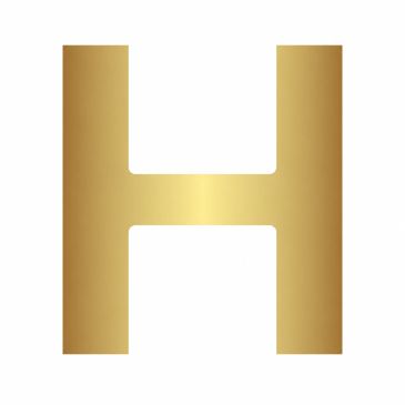 A golden letter H on a white background.