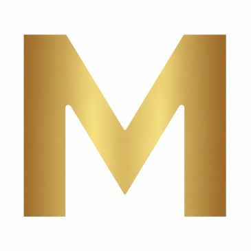 Gold letter M on a white background.