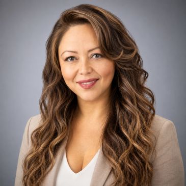 Smiling woman with long wavy hair in professional attire.
