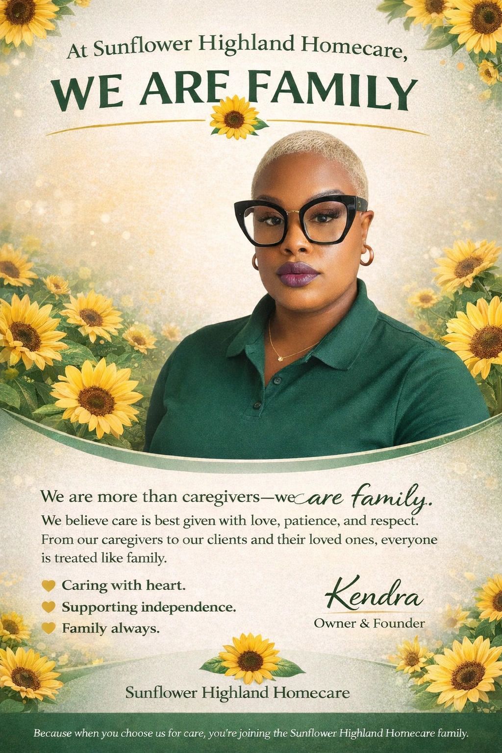 Portrait of Kendra, owner of Sunflower Highland Homecare, emphasizing family care.
