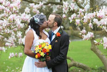 couple kissing under cherry tree blossom