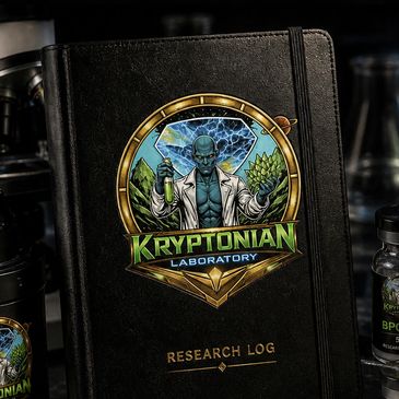 Black notebook with Kryptonian Laboratory logo and research log text.