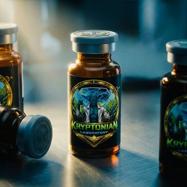 Bottles labeled 'Kryptonian Laboratory' with a mysterious figure.