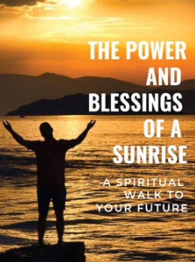 Silhouette of a person embracing sunrise over water with inspirational text.