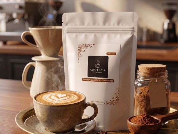 A cup of latte with coffee packaging and instant coffee powder on a wooden table.